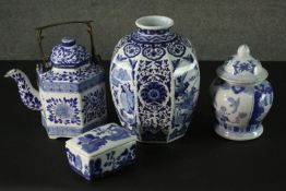 A collection of four 20th century Chinese style blue and white ceramic pieces. Including a