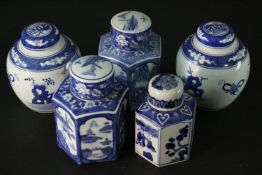 Five blue and white Chinese style lidded ginger jars. Three with hexagonal design, decorated with