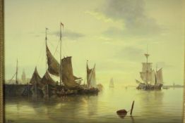 A carved gilt framed 19th century Dutch oil on board of sailing boats in the harbour. Signed B.