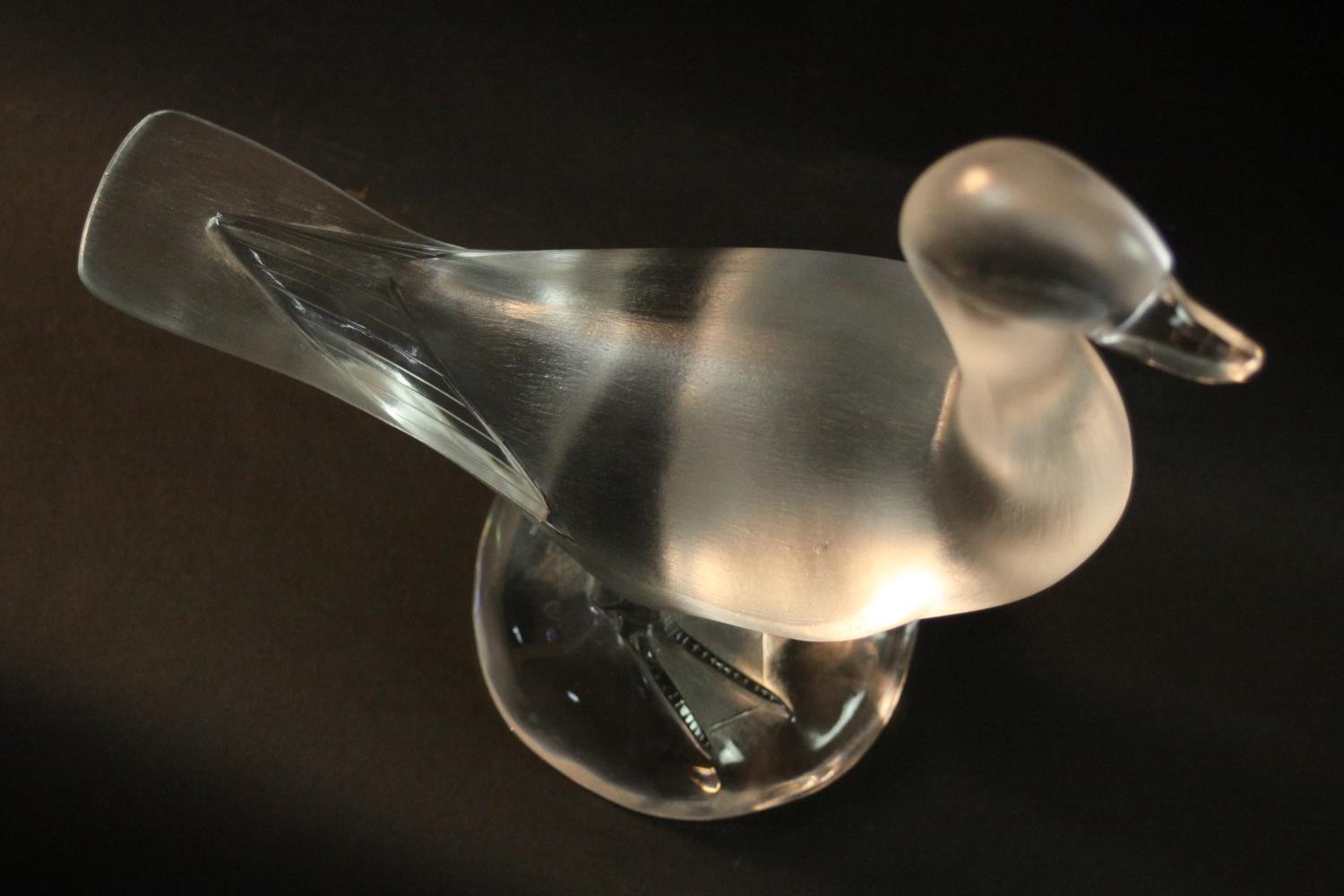 A Lalique crystal frosted and clear glass duck figure, standing on a round crystal base, signed - Image 4 of 10