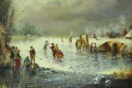 A carved gilt framed 19th century oil on board of a Dutch river skating scene. Indistinctly