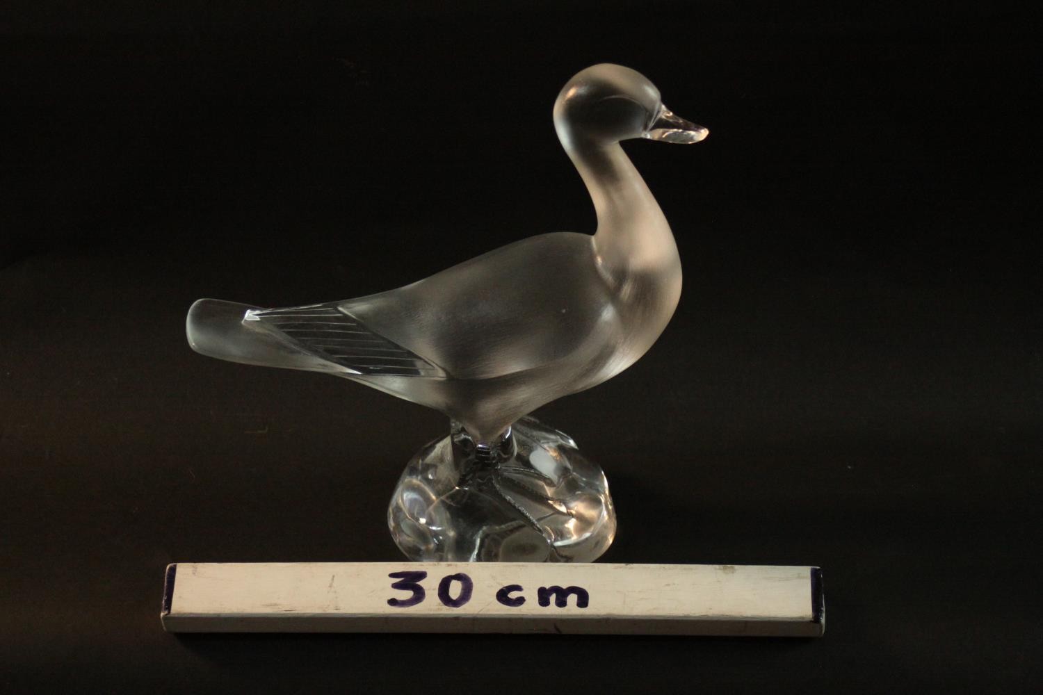 A Lalique crystal frosted and clear glass duck figure, standing on a round crystal base, signed - Image 10 of 10