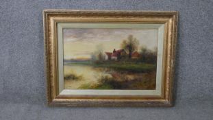 G. Cole (19th Century) A 19th century gilt framed oil on canvas of a riverscape with cottages.
