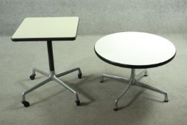 A Herman Miller occasional table with composite laminated top along with a similar table. H.65 W.