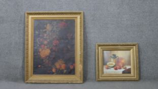 Two gold painted carved foliate design framed prints of 19th century oil paintings of a still