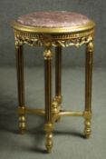 Urn stand or lamp table, Louis XVI style carved giltwood with marble top. H.72 W.46cm.