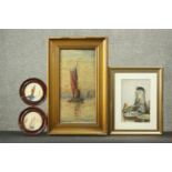 A gilt framed oil on canvas of a sailing boat along with three framed and glazed watercolours. Two