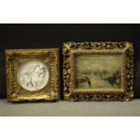 A carved and pierced giltwood framed print of an oil of the Thames. Along with a carved giltwood