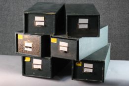 A collection of six vintage faux crocodile skin desk top filing boxes. H.12 W.17 D.39cm.