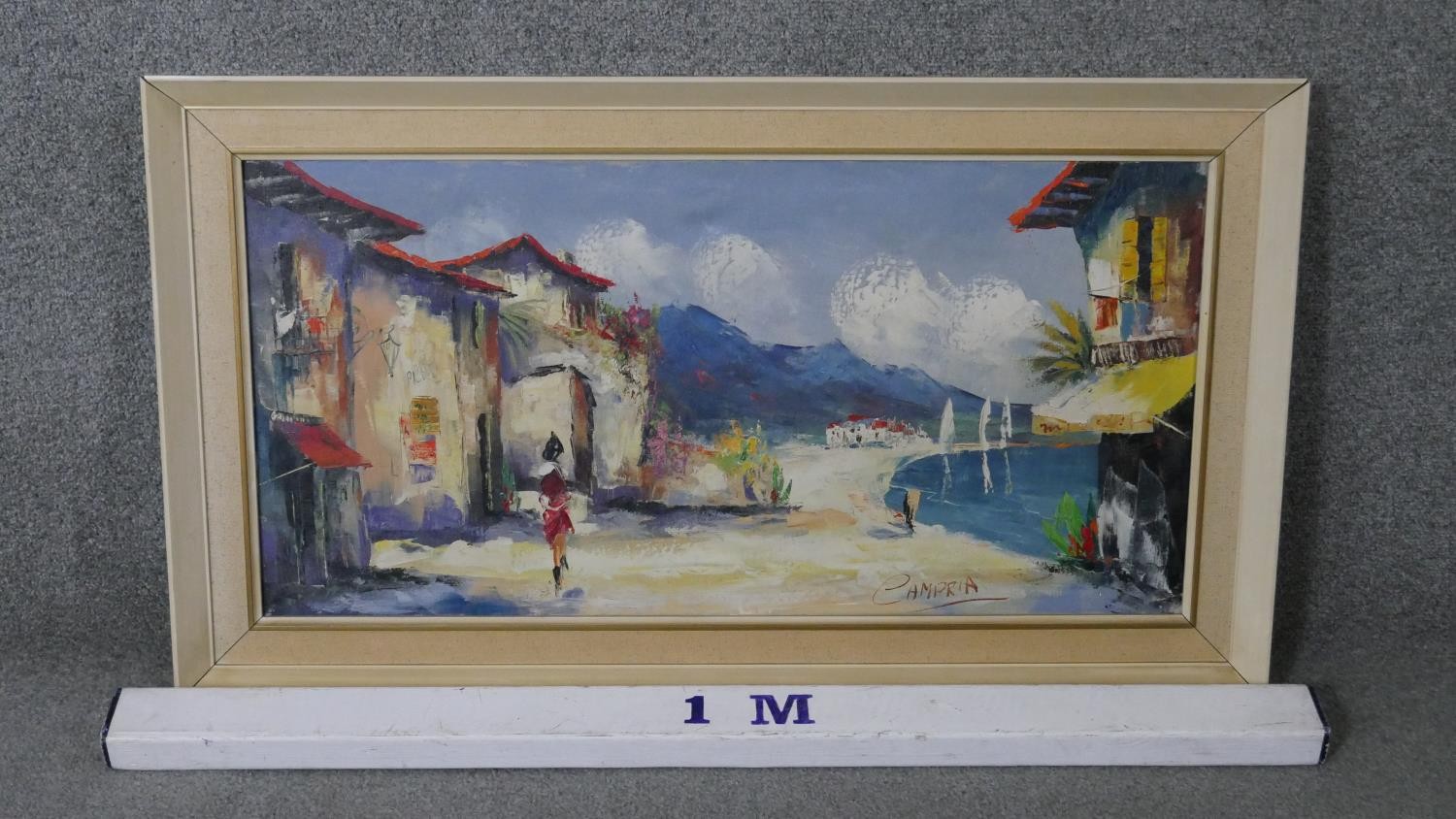 A framed oil on canvas of a Mediterranean village, signed Campria. H.53 W.92cm - Image 3 of 6