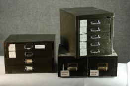 Three miscellaneous vintage metal desk top filing cabinets. H.30 W.29 D.39cm.