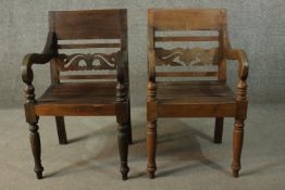 Armchairs, pair 19th century style Indian teak.