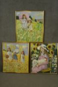 Three framed oils on canvas of young girls in wild flower fields. Monogrammed ASH. H.90 W.80cm.