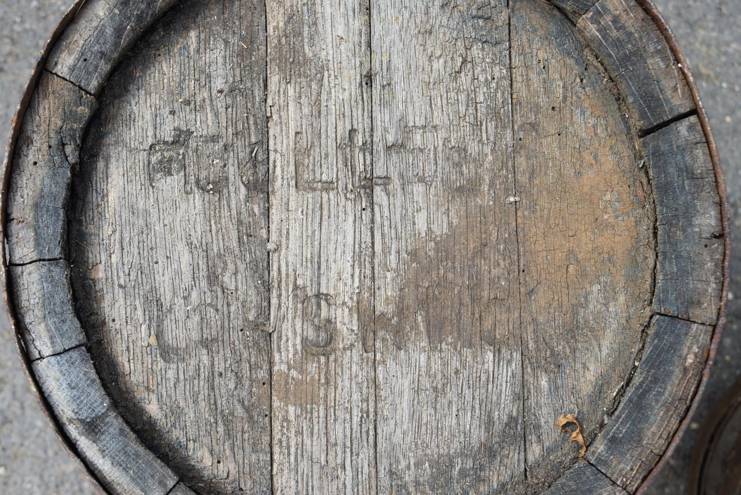 Two old Fuller's brewery coopered firkins and a 19th century milking stool. H.42 W.30cm - Image 5 of 8