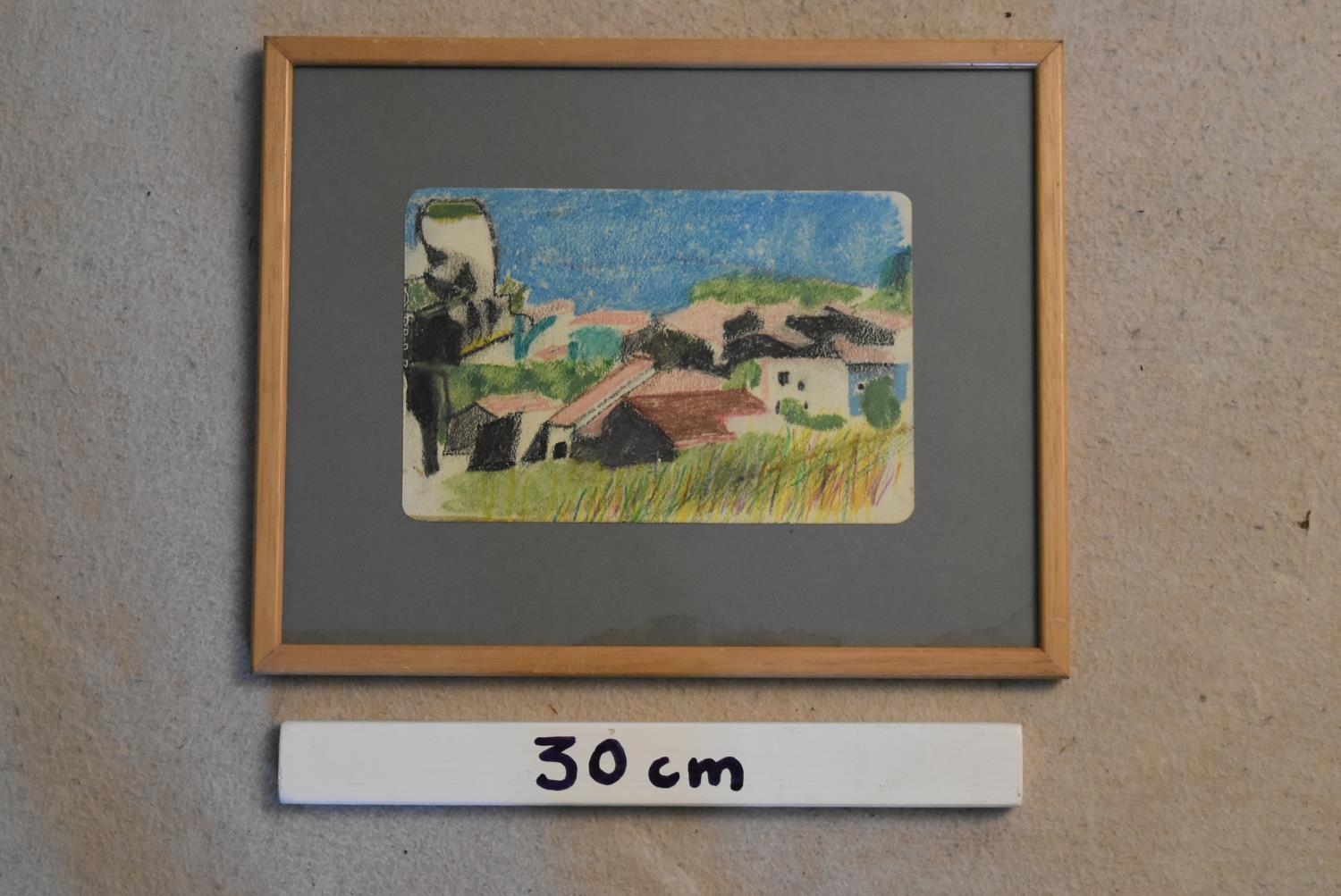 A framed and glazed pastel. Mediterranean landscape with sea in the distance, unsigned. H.26 W.35cm - Image 2 of 4