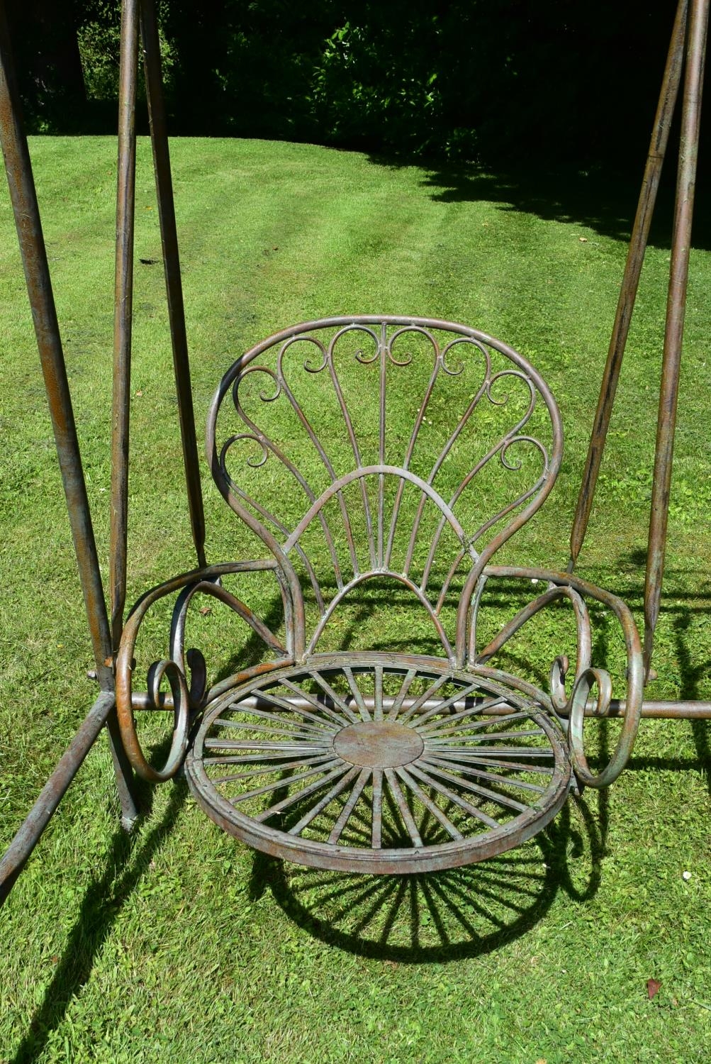 A Victorian style metal framed garden swing with twin scrolling tub armchair seats. H.223 W.180cm - Image 3 of 5