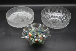 Three vintage glass fruit bowls, one with a collection of marbles. H.9 Dia.23cm