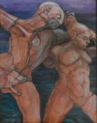 A large framed and glazed oil on canvas laid on board, figural study, male and female, unsigned. H.