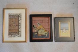 A collection of three Indian paintings, various subjects. H.38 W.26cm