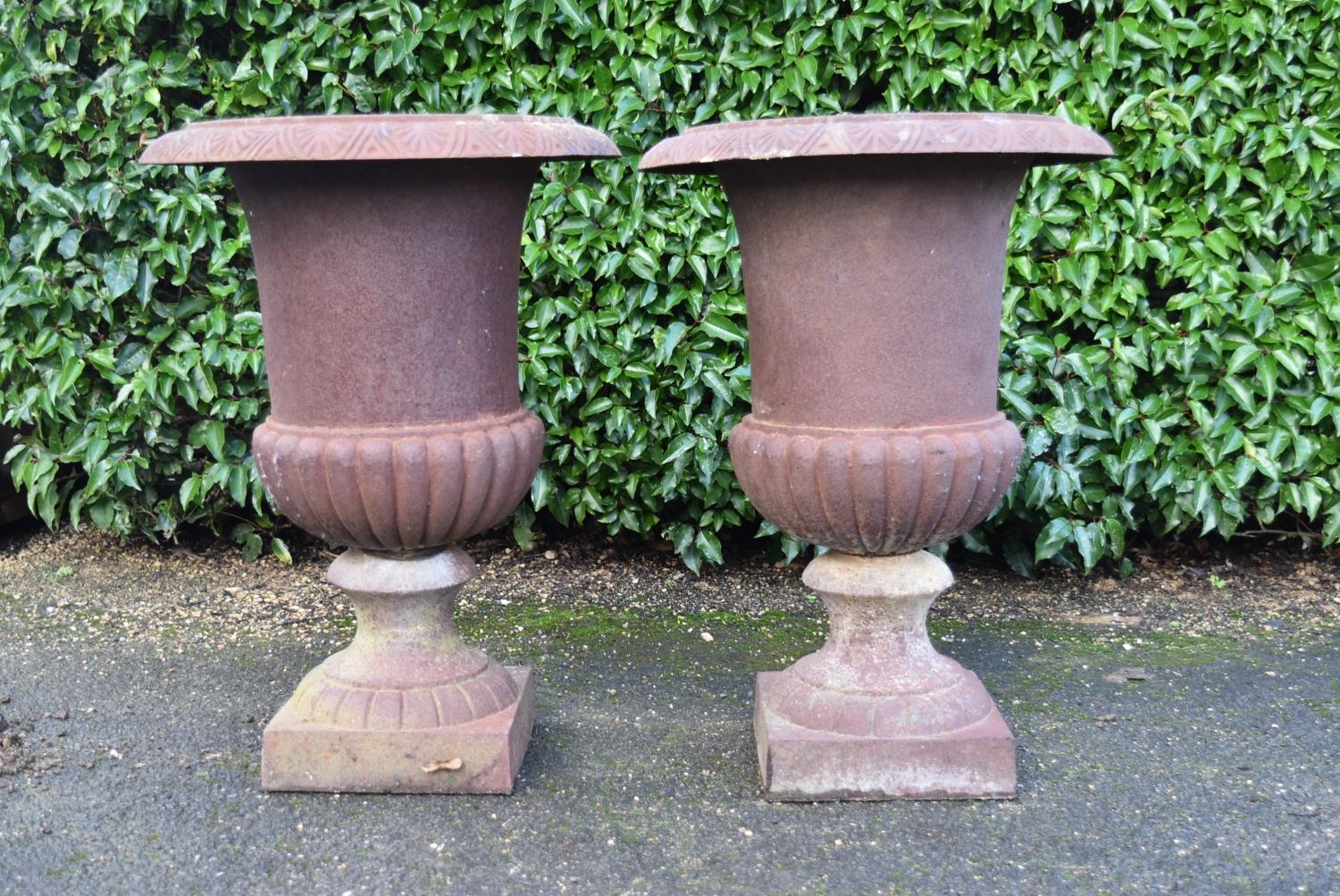 A pair of cast iron campana form garden urns. H.65cm Dia.44cm (2) - Image 2 of 9