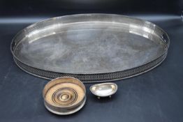 A collection of 20th century silver plated items. Including a large tray with decorative raised