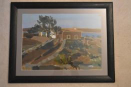 A framed and glazed gouache, a house in a landscape, "On Formentera", gallery label to the