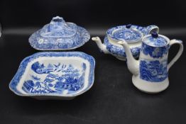 A collection of early 20th century blue and white chinaware. To include a serving bowl, butter