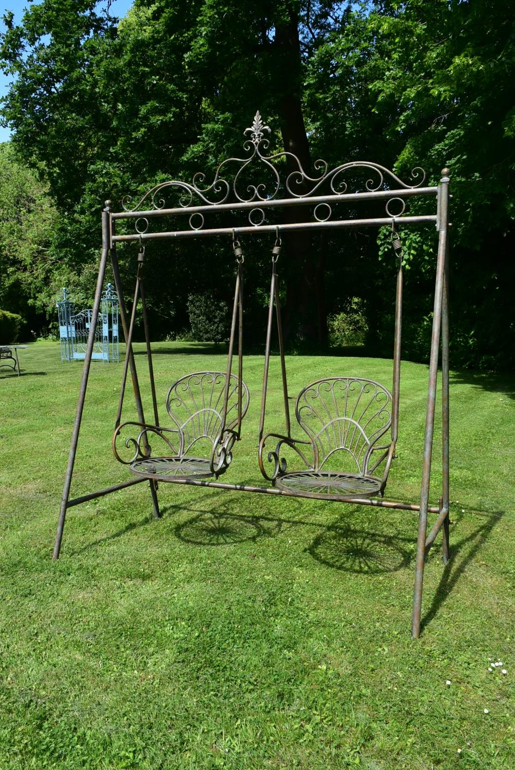 A Victorian style metal framed garden swing with twin scrolling tub armchair seats. H.223 W.180cm - Image 2 of 5