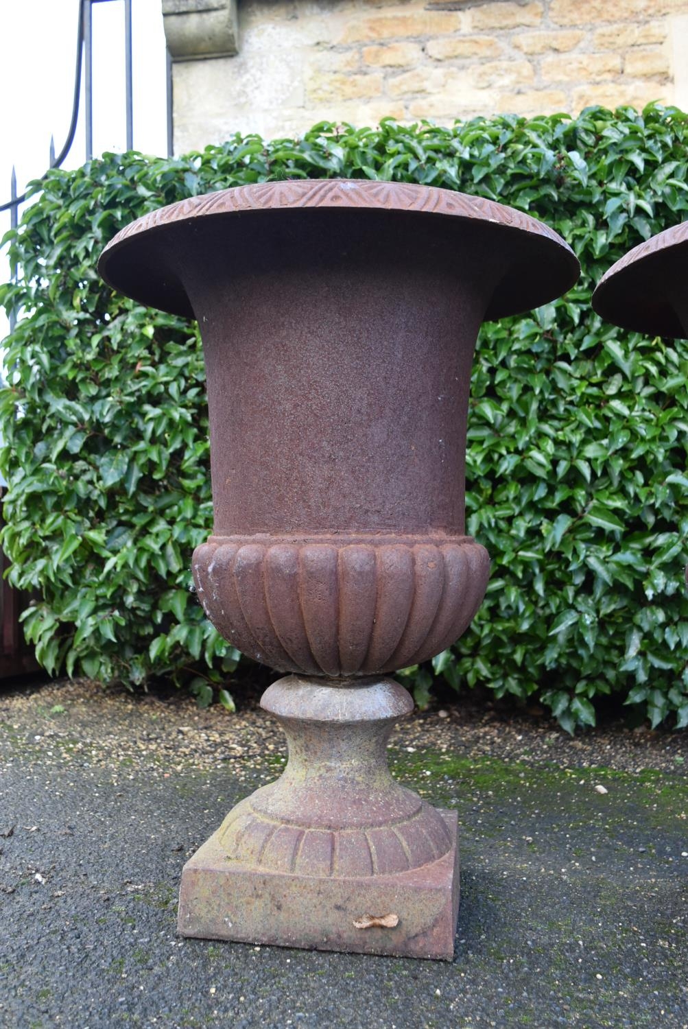 A pair of cast iron campana form garden urns. H.65cm Dia.44cm (2) - Image 6 of 9