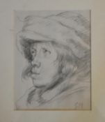 A gilt framed and glazed pencil drawing, portrait study, monogrammed. H.49 W.42cm