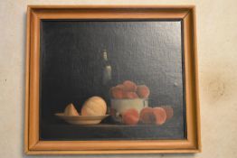 Nicolas Watine (B.1946), a gilt framed oil on board, still life, Melon et Peches. H.55 W.63cm