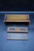 A vintage oak book trough along with two inlaid cribbage boards. H.10 W.35cm