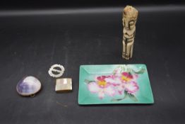 A carved bone figure, an enamelled tray, along with mother of pearl items and a shell box. H.12 W.