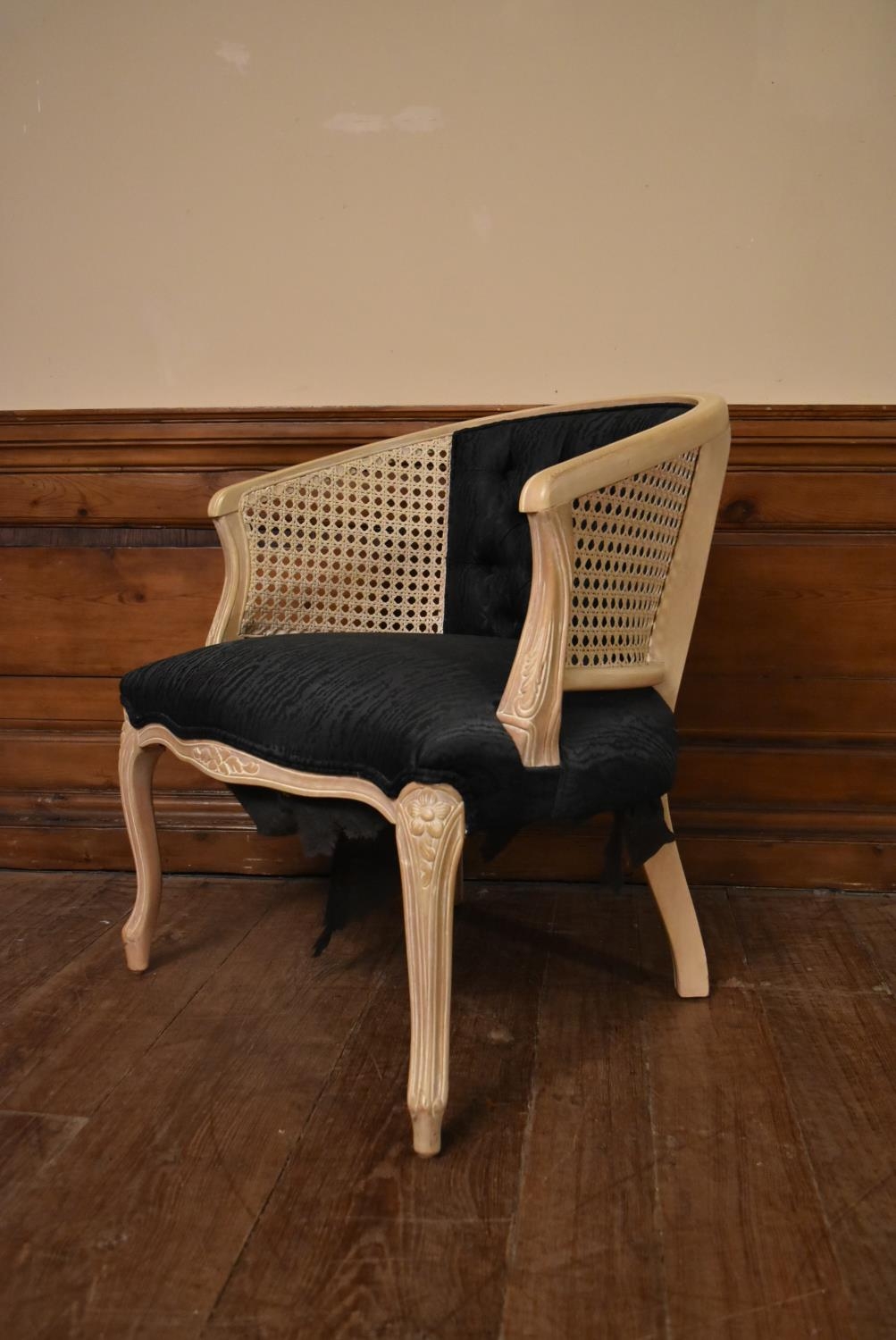A French style painted tub chair with caned and buttoned back on carved cabriole supports. H.75 W.65 - Image 3 of 6