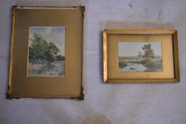 A 19th century gilt framed and glazed watercolour, riverscape, along with a similar example. H.55