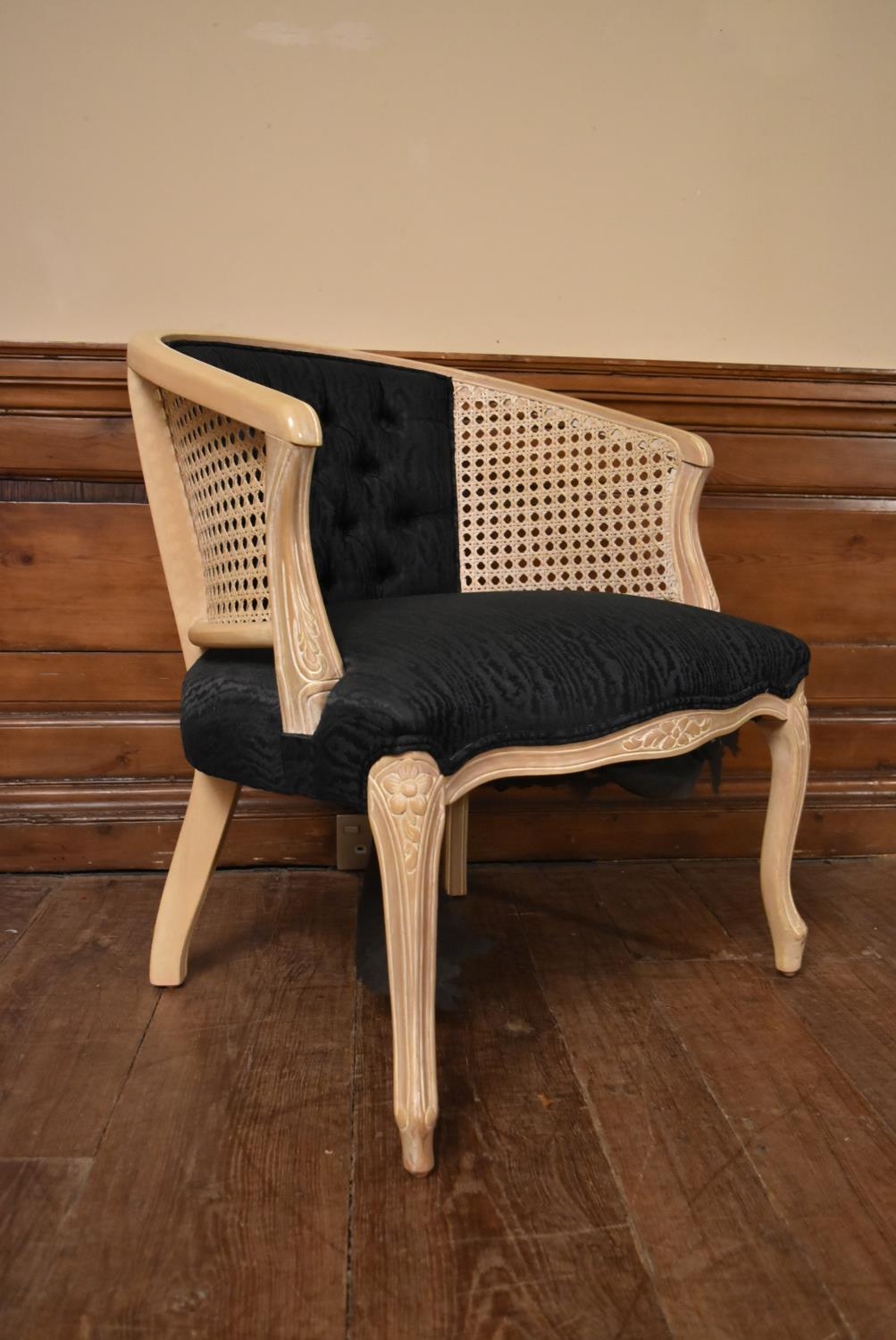 A French style painted tub chair with caned and buttoned back on carved cabriole supports. H.75 W.65 - Image 5 of 6