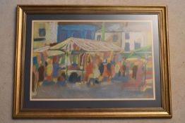 A framed and glazed pastel study. Impressionist market scene with figures, unsigned. H.48 W.64cm