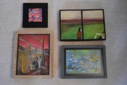 A collection of framed abstract oil paintings. H.28 W.23cm