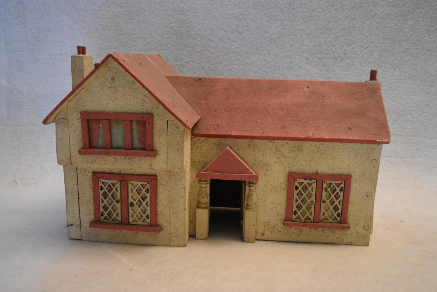 A vintage painted toy castle along with a vintage model of a country cottage. H.41 W.64 D.90cm - Image 8 of 10