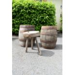 Two old Fuller's brewery coopered firkins and a 19th century milking stool. H.42 W.30cm