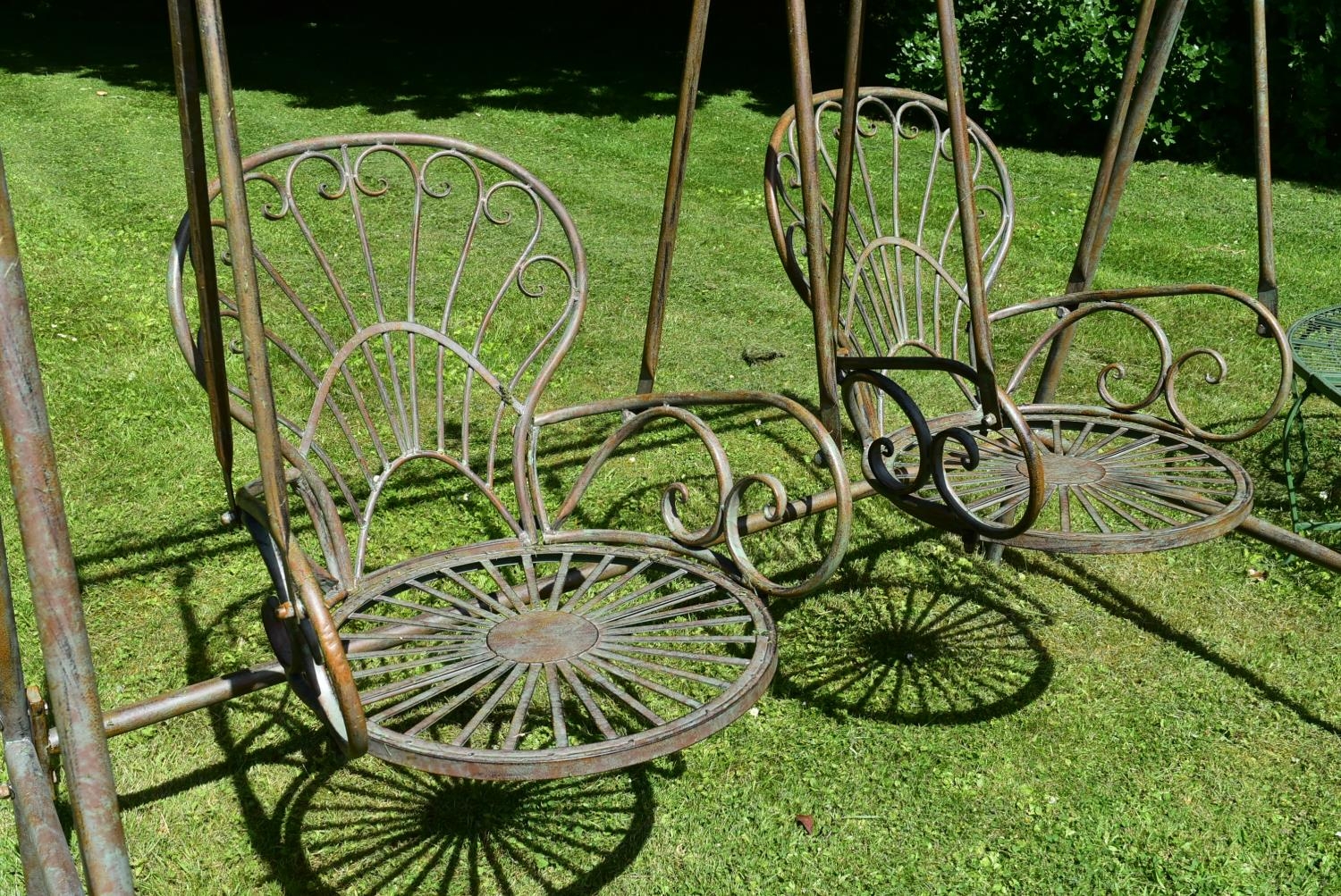 A Victorian style metal framed garden swing with twin scrolling tub armchair seats. H.223 W.180cm - Image 4 of 5