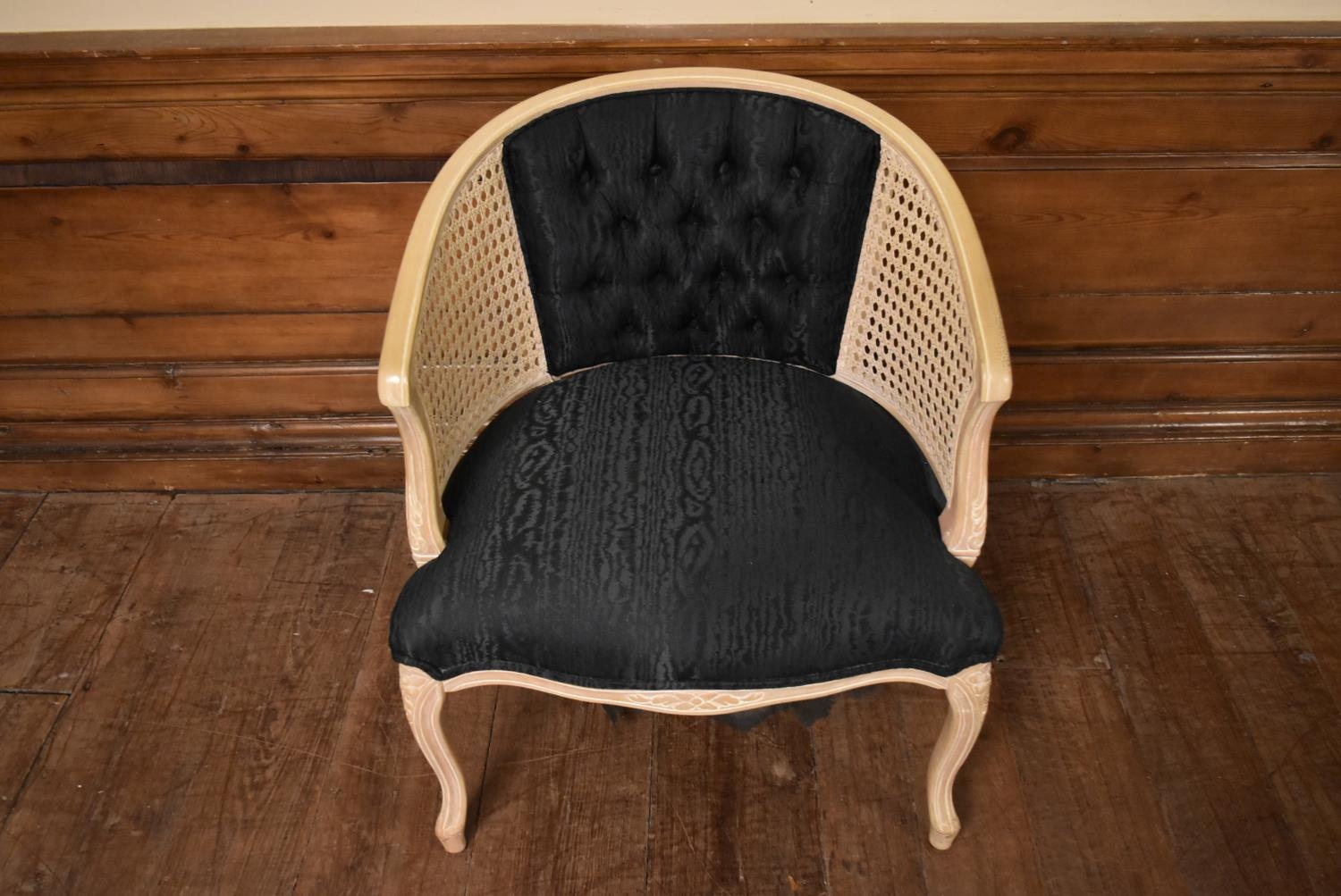 A French style painted tub chair with caned and buttoned back on carved cabriole supports. H.75 W.65 - Image 2 of 6
