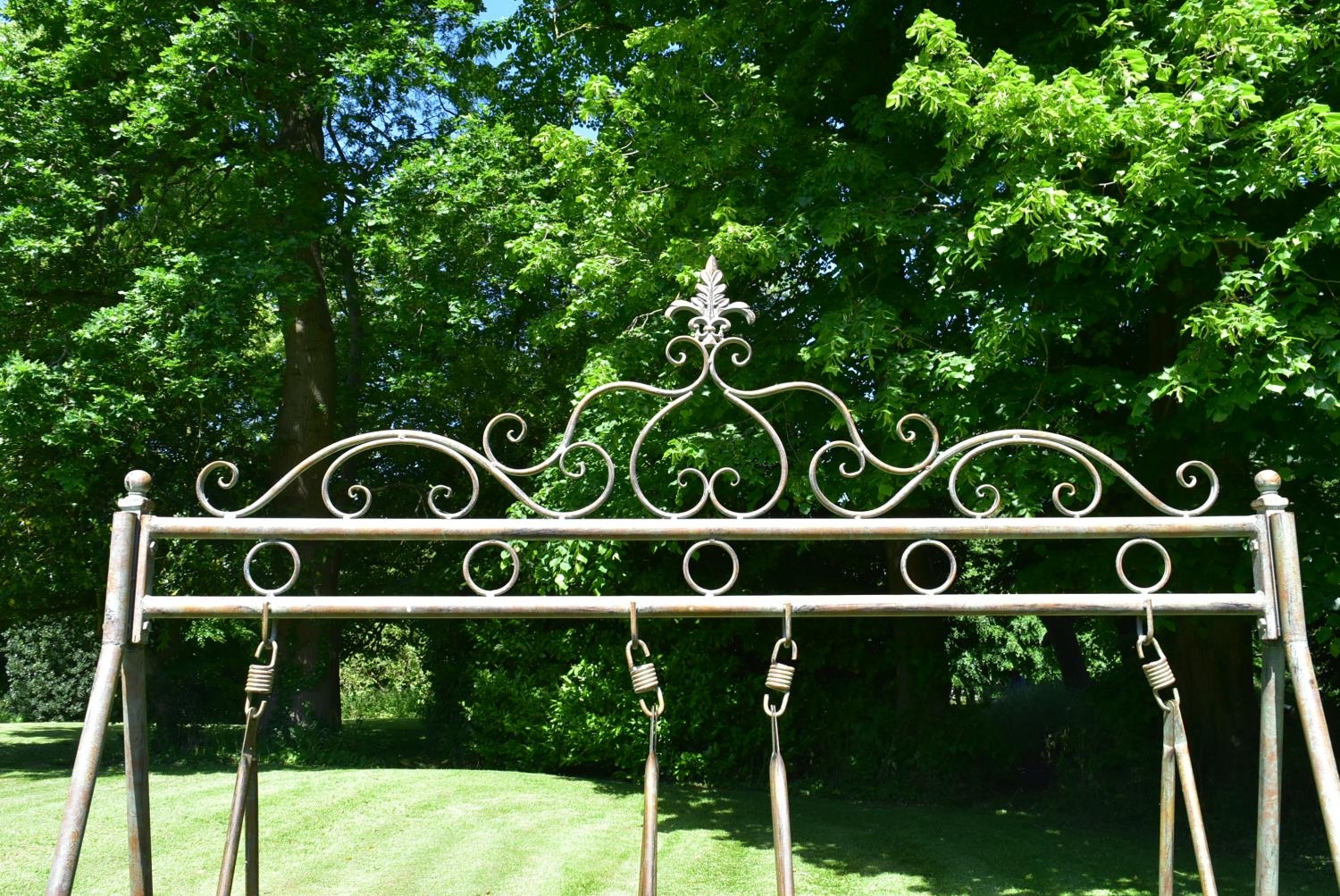 A Victorian style metal framed garden swing with twin scrolling tub armchair seats. H.223 W.180cm - Image 5 of 5