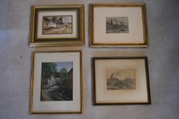 A collection of four framed and glazed watercolours, lakescape, village scene, etc. H.29 W.36cm (4)