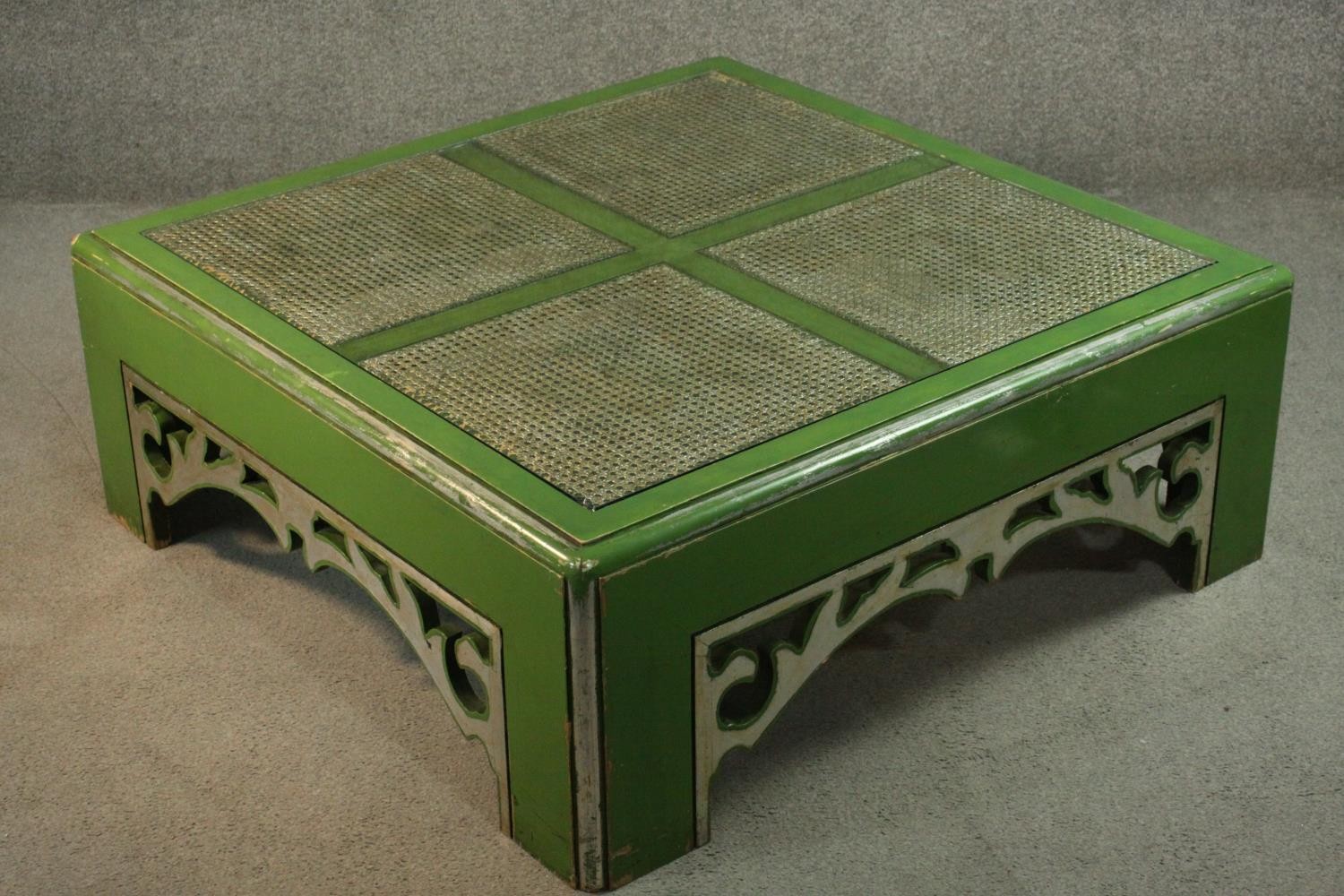 Low table, mid century painted and lacquered Chinese style with plate glass top. H.37 W.101 D.101 - Image 5 of 8