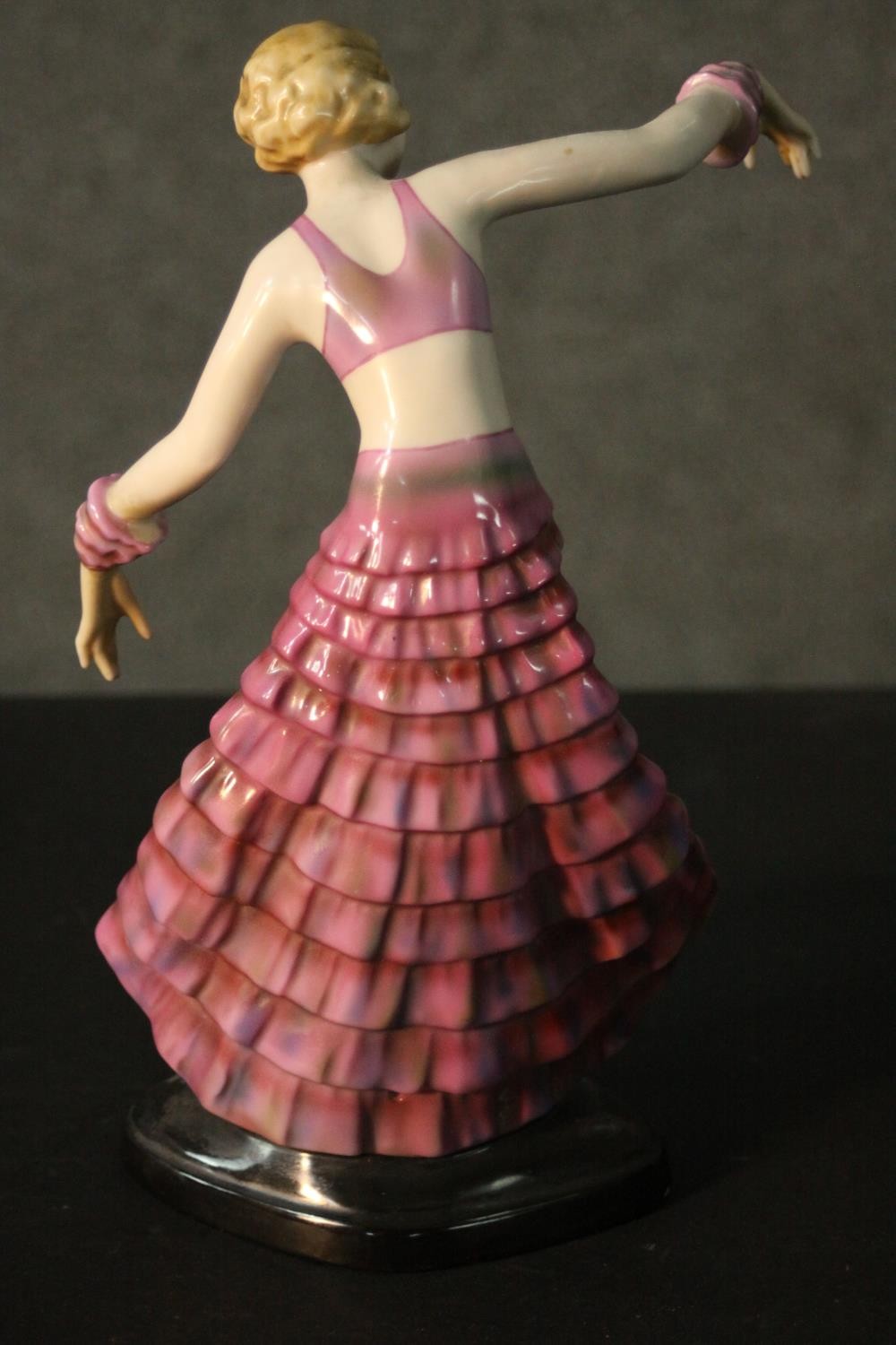 A Fasold & Stauch Bock, Wallendorf Art Deco figure of a young woman in a pink ruffle dress in - Image 4 of 8