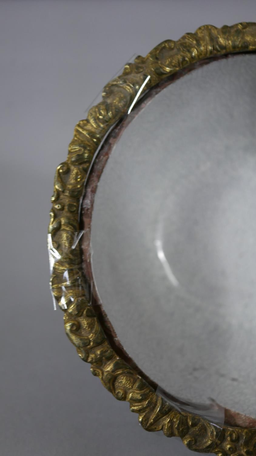 A Chinese hand painted ceramic bowl (used to be a vase) with added gilt ormolu edge. The bowl with a - Image 6 of 7