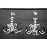 Chandeliers, pair six branch Venetian style opaque glass. (one is missing two finials the other