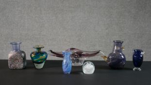 A collection of signed art glass pieces, including a Kosta Boda vase by Bertil Vallien, a