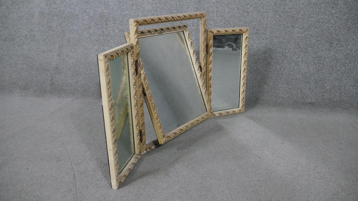 An early 20th century triptych carved and painted dressing table mirror with foliate design and - Image 4 of 6